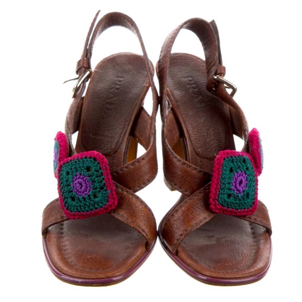 🔅 PRADA Classic VTG Leather Slingback Sandals Brown & Pink Crochet Accents🔅